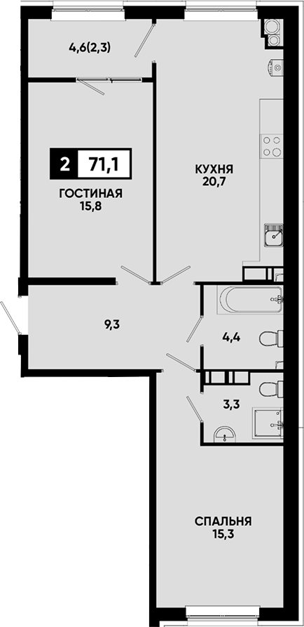 2-комн., 68.8 м², 13/14 этаж, ЖК «Квартал на курорте Моя Легенда»
