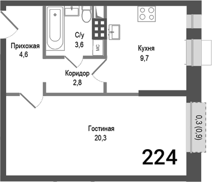 1-комн., 41 м², 2/4 этаж, ЖК «Киноквартал»