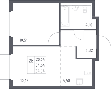 2-комн., 34.64 м², 15/17 этаж, ЖК «Пригород Лесное»