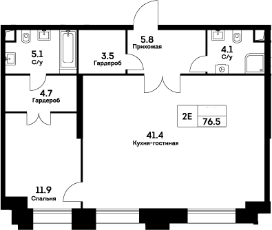 2-комн., 76.5 м², 33/34 этаж, ЖК «ЭВЕР»