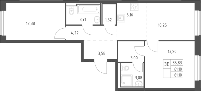 3-комн., 61.1 м², 8/11 этаж, ЖК «Горки Парк»