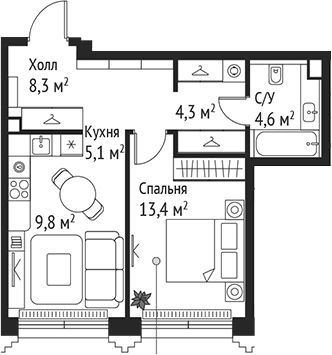 2-комн., 45.5 м², 36/59 этаж, ЖК «СЕТ»