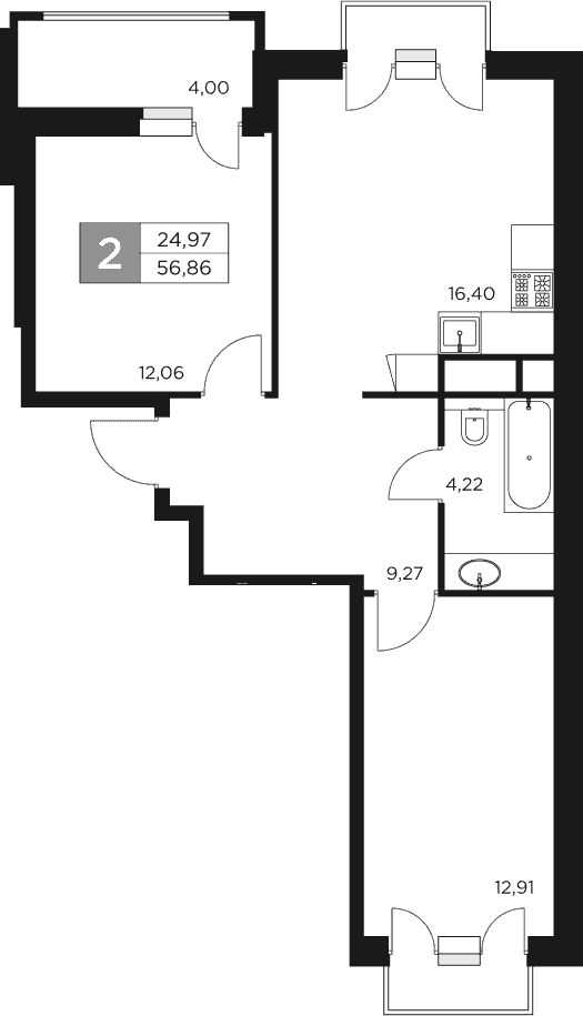 3-комн., 54.86 м², 16/17 этаж, ЖК «Восток 2»