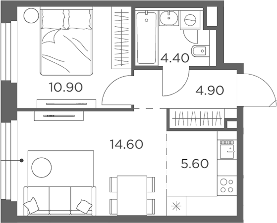 2-комн., 40.4 м², 6/20 этаж, ЖК «Белый Град»