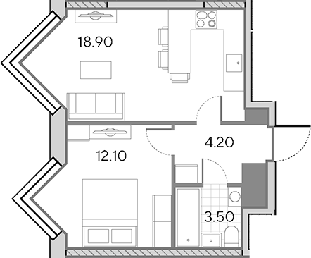 2-комн., 38.7 м², 30/30 этаж, ЖК «Вейв»