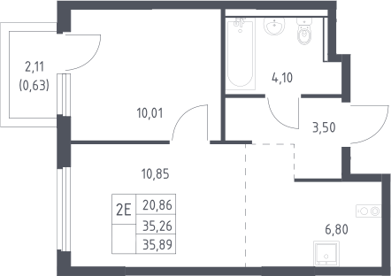 2-комн., 35.26 м², 16/17 этаж, ЖК «Пригород Лесное»