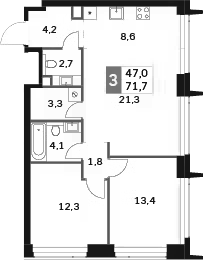 3-комн., 71.7 м², 44/58 этаж, ЖК «Амбер Сити»
