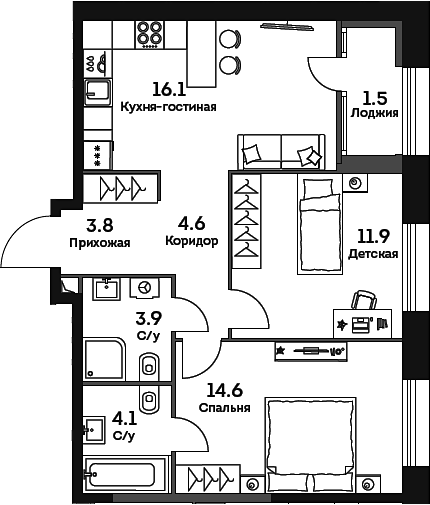 3-комн., 59 м², 22/27 этаж, ЖК «ЭРА»
