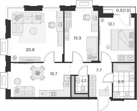 3-комн., 77.2 м², 4/4 этаж, ЖК «Михалевич»