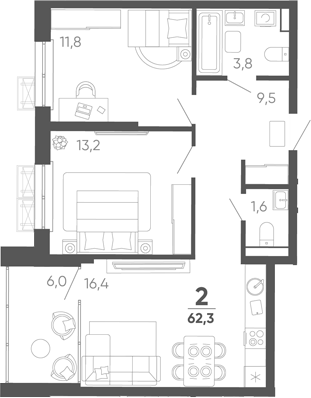 2-комн. квартира, 56.3 м² в ЖК Барса — фото 2