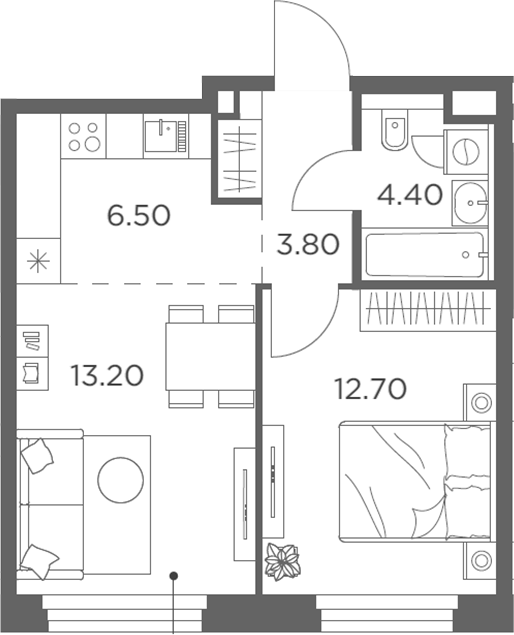 2-комн., 40.6 м², 12/20 этаж, ЖК «Белый Град»