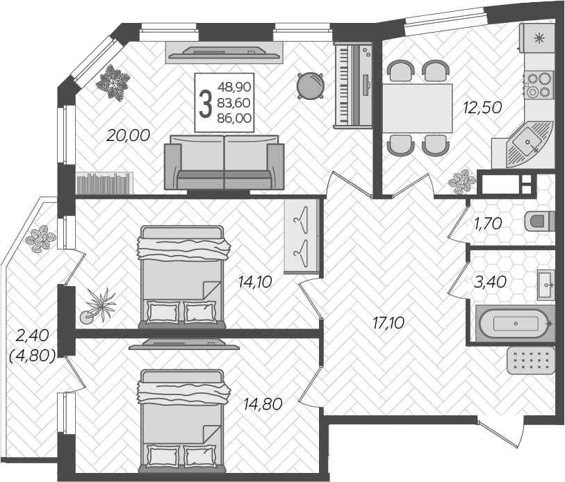 3-комн. квартира, 83.6 м² в ЖК Зеленодар — фото 2