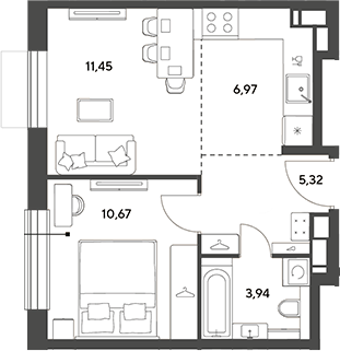 2-комн., 38.35 м², 2/15 этаж, ЖК «Публицист»