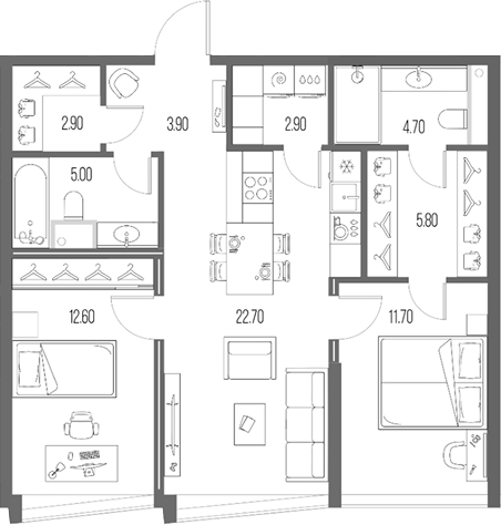 2-комн., 72.2 м², 22/24 этаж, ЖК «Северный Порт»
