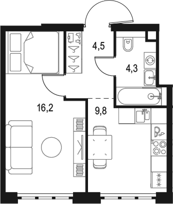 1-комн., 34.8 м², 48/49 этаж, ЖК «Левел Южнопортовая»