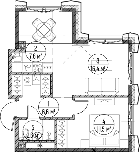 2-комн., 44.7 м², 12/22 этаж, ЖК «Дом на Часовой»