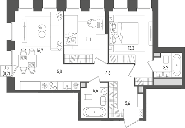 3-комн., 63.9 м², 15/33 этаж, ЖК «Пейв»