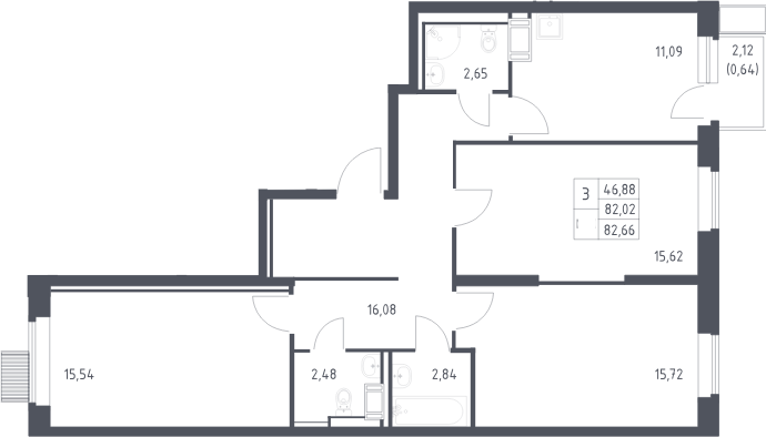 3-комн., 82.02 м², 6/25 этаж, ЖК «Большое Путилково»
