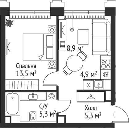 2-комн., 37.9 м², 32/45 этаж, ЖК «СЕТ»