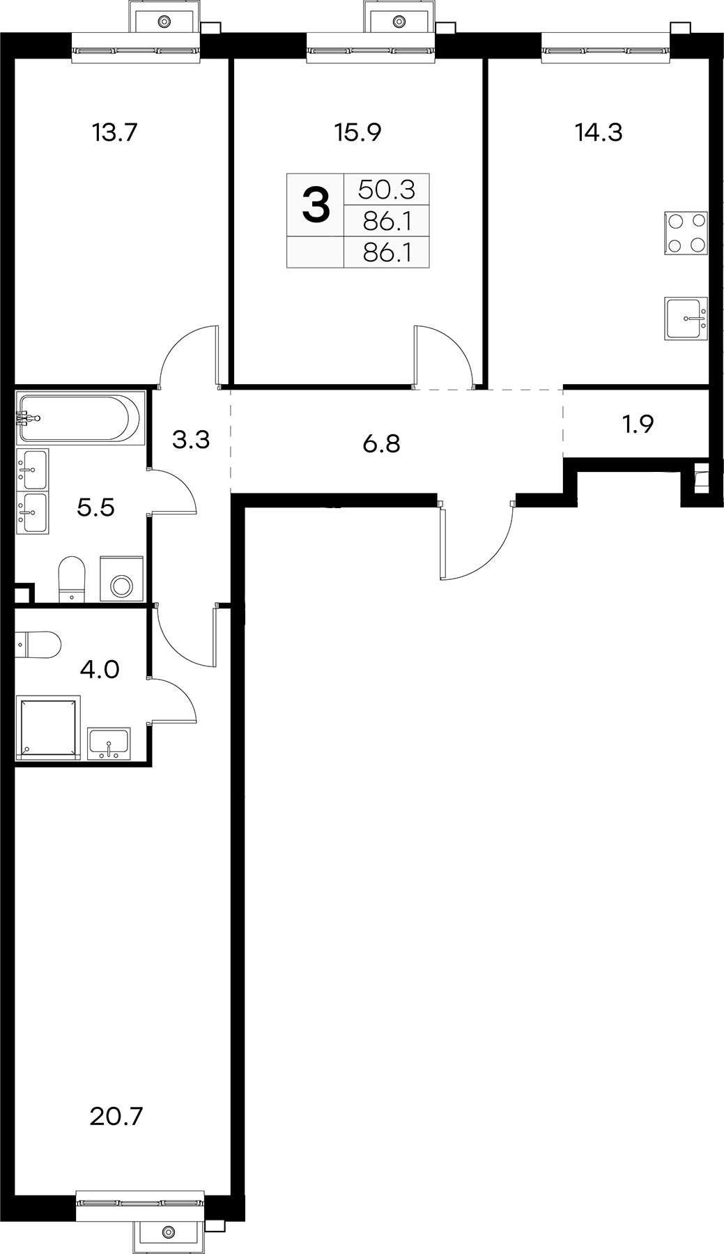 3-комн., 86.1 м², 18/19 этаж, ЖК «Куркино 15»