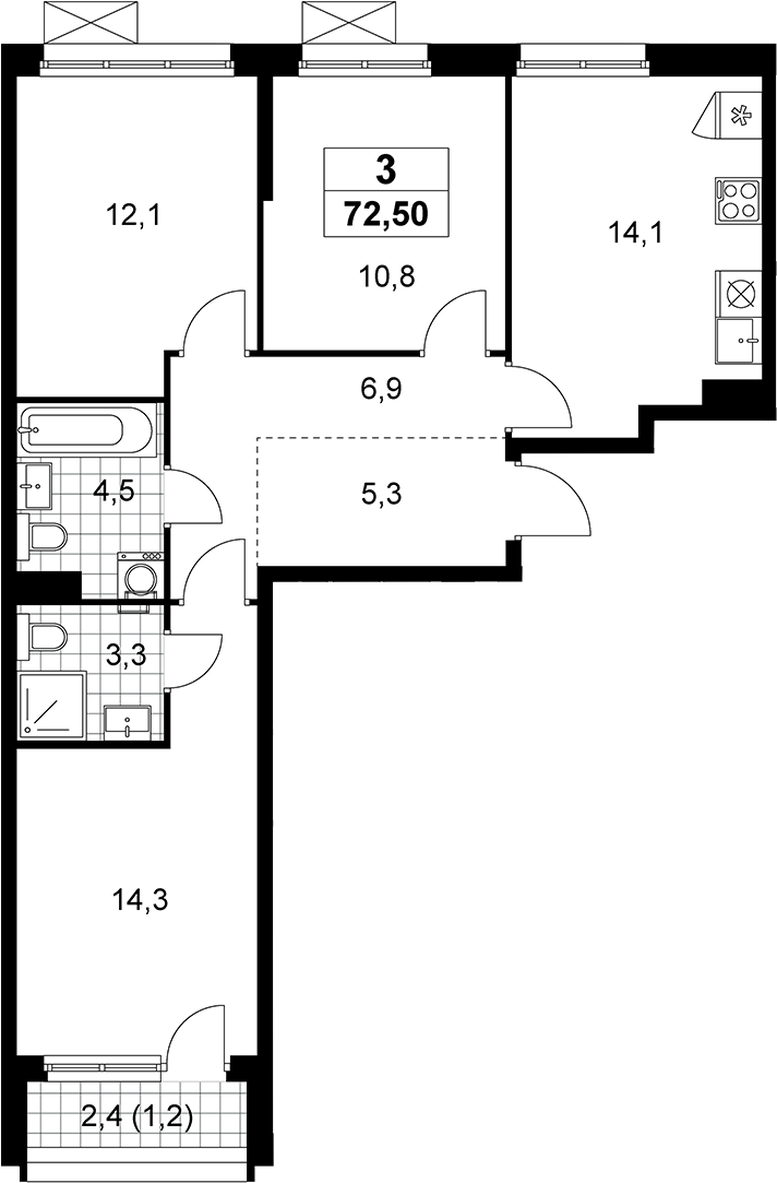 3-комн., 71.3 м², 10/13 этаж, ЖК «Прокшино»