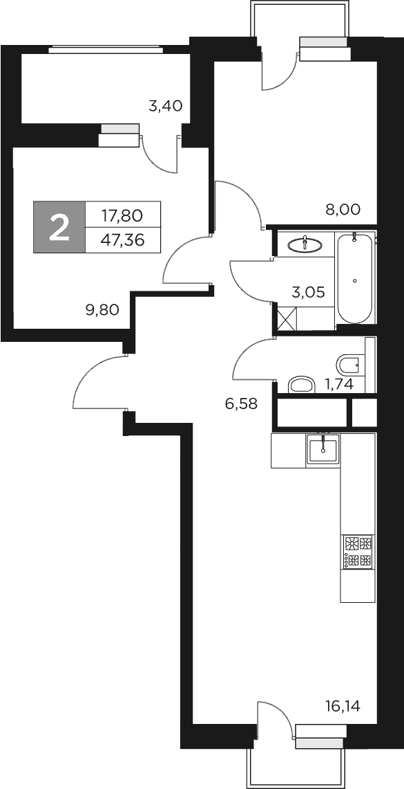 3-комн., 45.66 м², 14/17 этаж, ЖК «Восток 2»