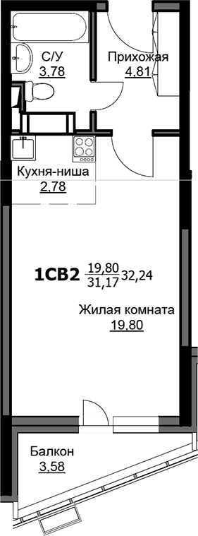 Студия, 31.15 м², 13/17 этаж, ЖК «Соболевка»