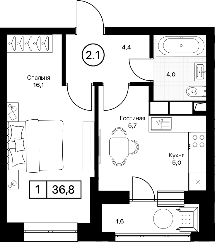 1-комн., 35.2 м², 10/13 этаж, ЖК «Пушкино Град»