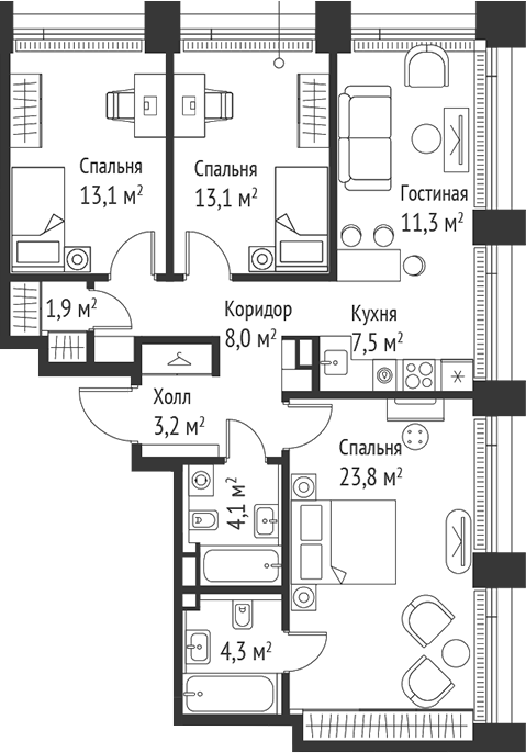 4+ комнаты, 90.3 м², 53/59 этаж, ЖК «СЕТ»