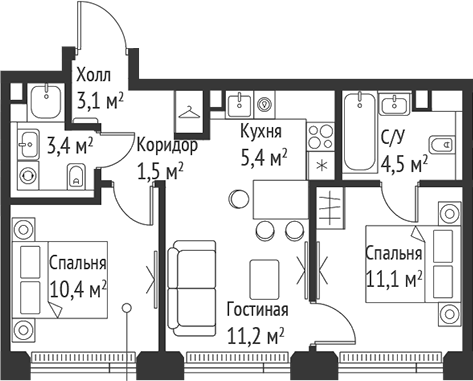 3-комн., 50.7 м², 43/59 этаж, ЖК «СЕТ»