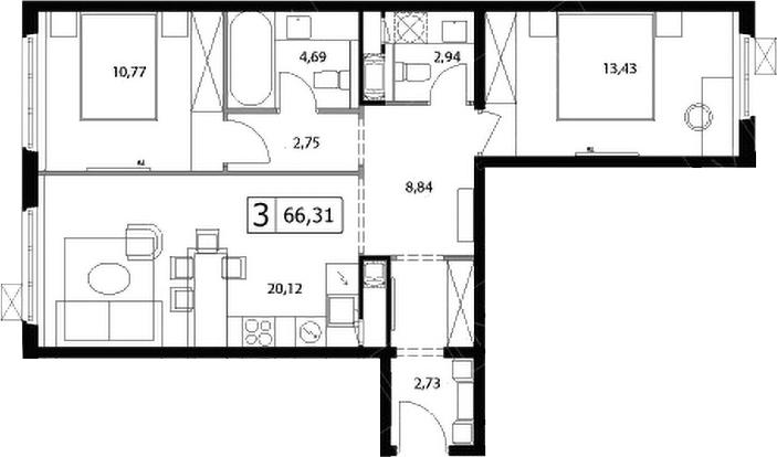 3-комн., 66.31 м², 8/17 этаж, ЖК «У реки.Эко Видное 2.0»