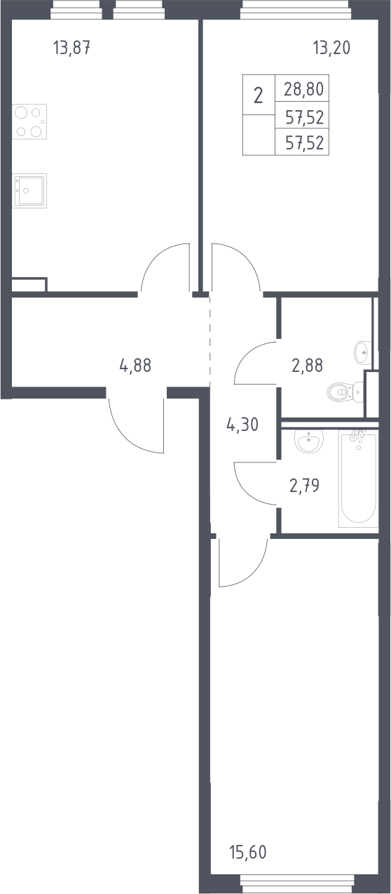 2-комн., 57.52 м², 8/15 этаж, ЖК «Пригород Лесное»