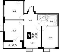 3-комн., 63.3 м², 24/24 этаж, ЖК «1-й Донской»