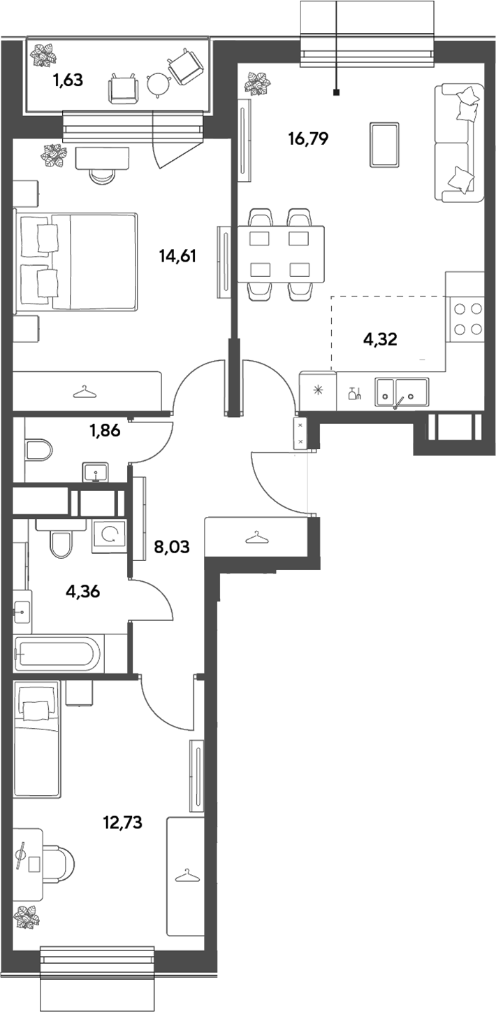3-комн., 62.7 м², 9/15 этаж, ЖК «Публицист»