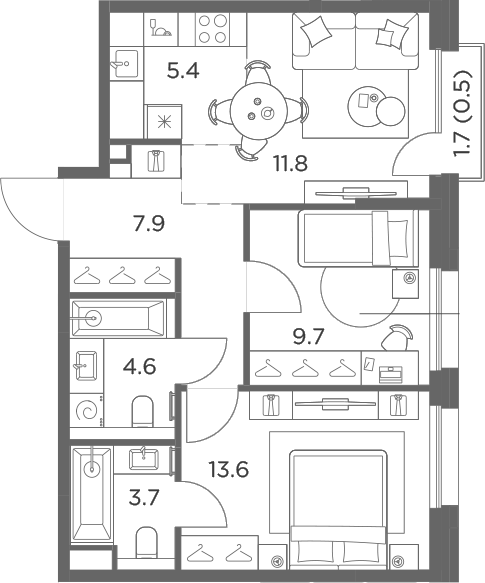 3-комн., 56.7 м², 5/6 этаж, ЖК «Станиславский»