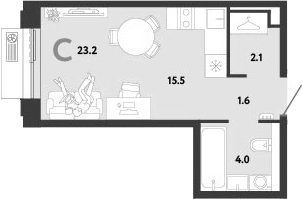 Студия, 23.2 м², 6/12 этаж, ЖК «Страна.Заречная»