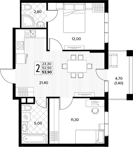2-комн. квартира, 52.5 м² в ЖК Кипарис — фото 2