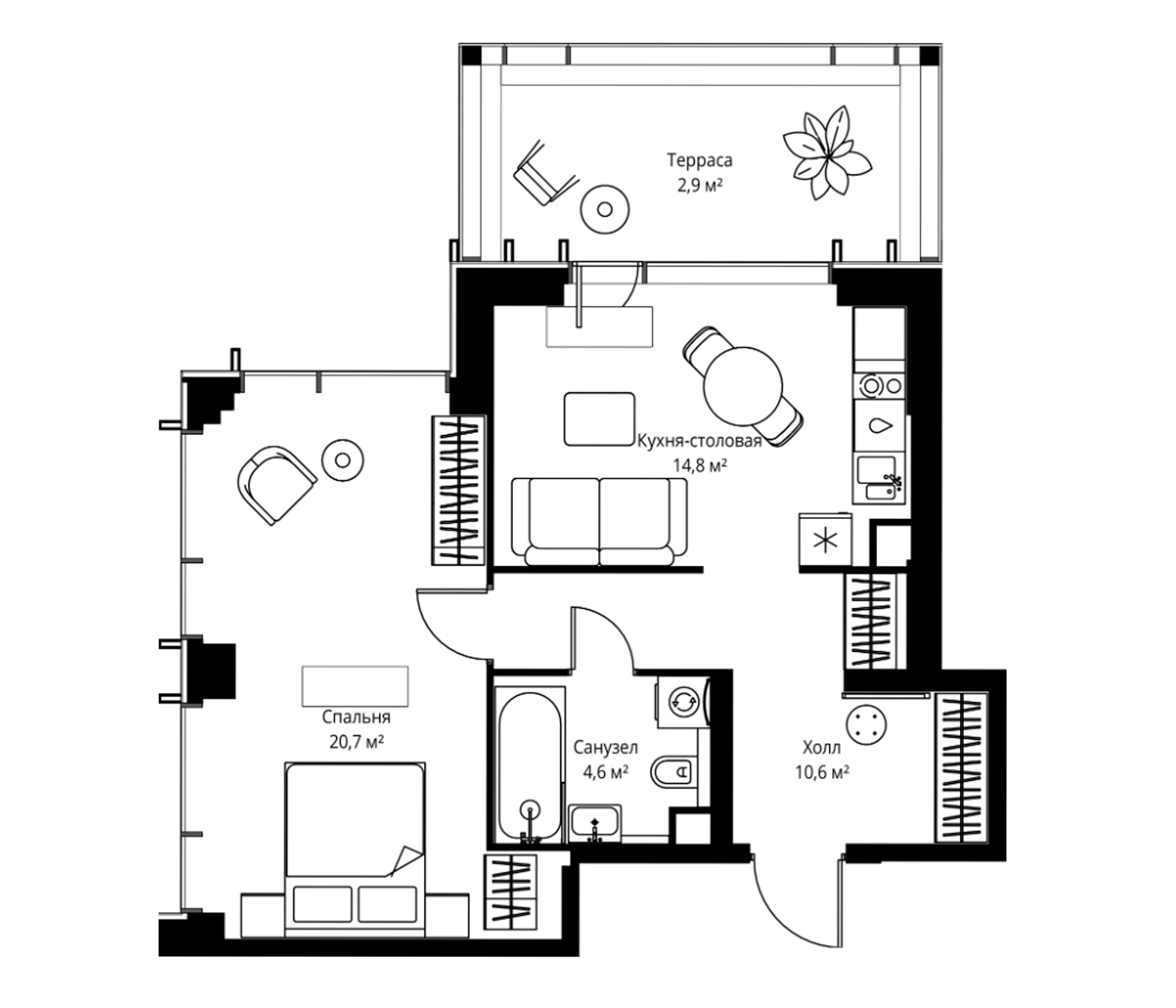 2-комн., 50.7 м², 48/59 этаж, ЖК «Веер»