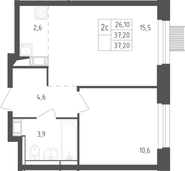 2-комн., 37.2 м², 7/17 этаж, ЖК «Мытищи Парк»