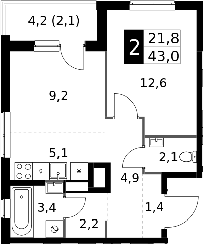 2-комн., 40.9 м², 10/10 этаж, ЖК «1-й Измайловский»