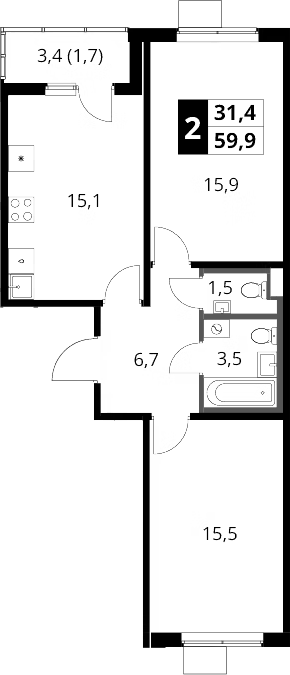 2-комн., 58.2 м², 8/9 этаж, ЖК «1-й Ясеневский»