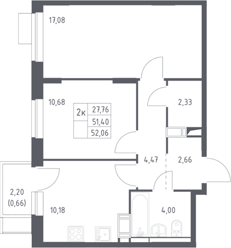 2-комн., 51.4 м², 12/12 этаж, ЖК «Пятницкие Луга»