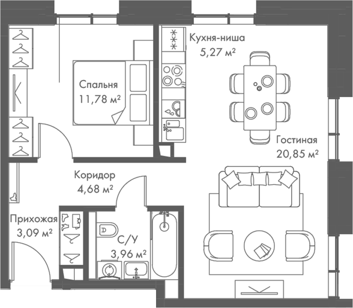 2-комн., 49.63 м², 4/23 этаж, ЖК «МИРА»