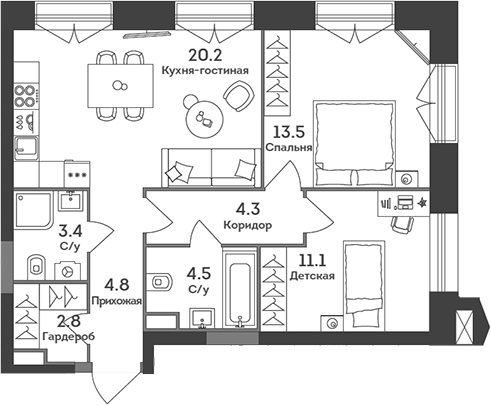 3-комн., 64.6 м², 2/37 этаж, ЖК «ЭРА»