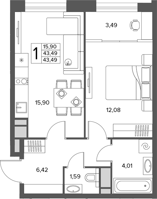 1-комн., 43.49 м², 5/16 этаж, ЖК «Городской бор»