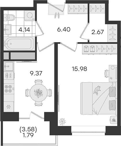 1-комн., 38.56 м², 20/20 этаж, ЖК «Новый Весенний»