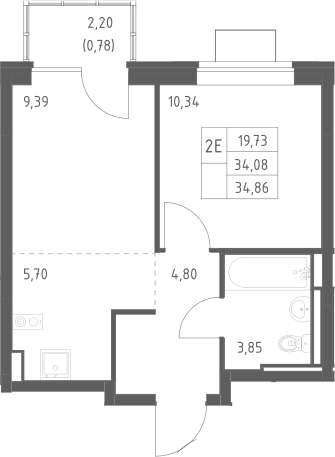 2-комн., 34.08 м², 12/12 этаж, ЖК «Богдановский лес»