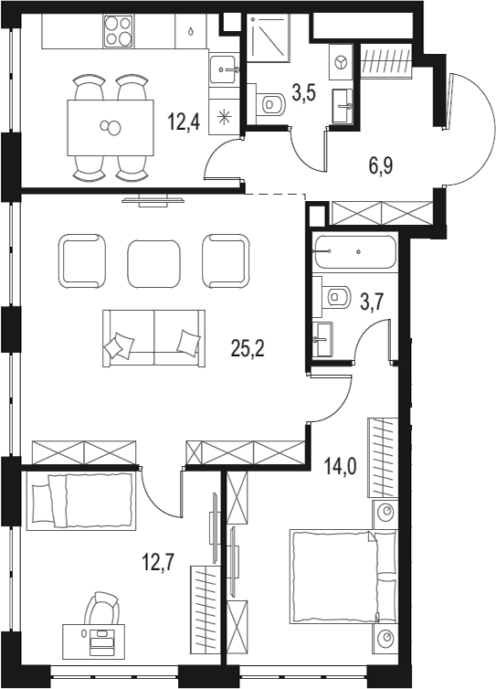 3-комн., 78.4 м², 39/42 этаж, ЖК «Левел Мичуринский»