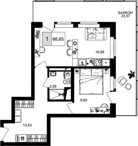 2-комн. квартира, 43.08 м² в ЖК IT гостиничный комплекс Корсаков — фото 2