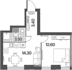 2-комн., 33.8 м², 30/58 этаж, ЖК «Обручева 30»